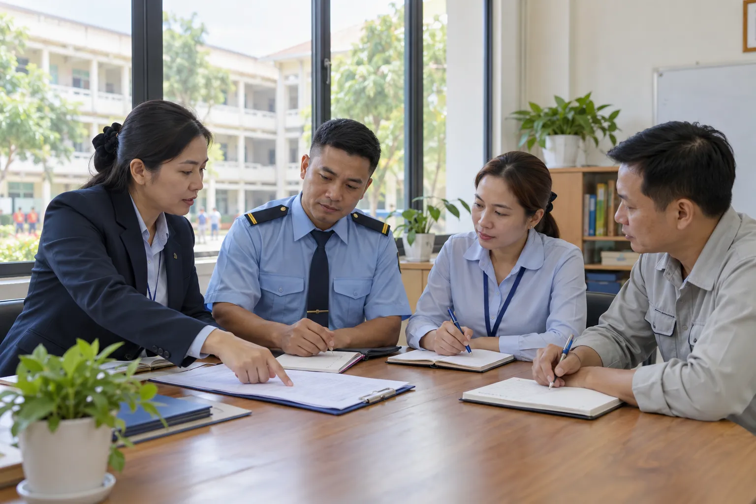 Đại diện nhà trường và phụ trách an ninh cùng xem xét tài liệu, thảo luận và ghi nhận các hành động cải tiến.
