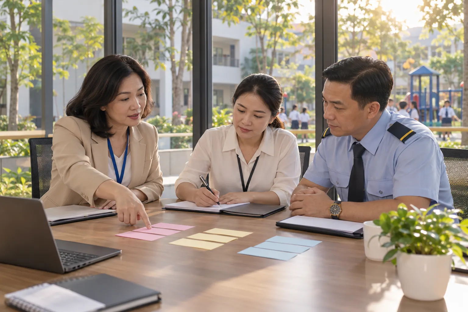 Đại diện nhà trường và giám sát an ninh thảo luận các ưu tiên cải tiến, sử dụng thẻ màu và ghi chép tại cuộc họp.