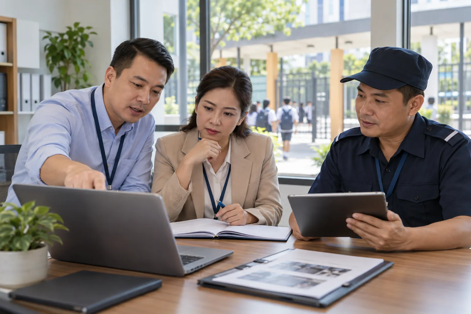 Đại diện nhà trường, bộ phận vận hành và an ninh cùng kiểm chứng dữ liệu để cải thiện quy trình kiểm soát ra vào