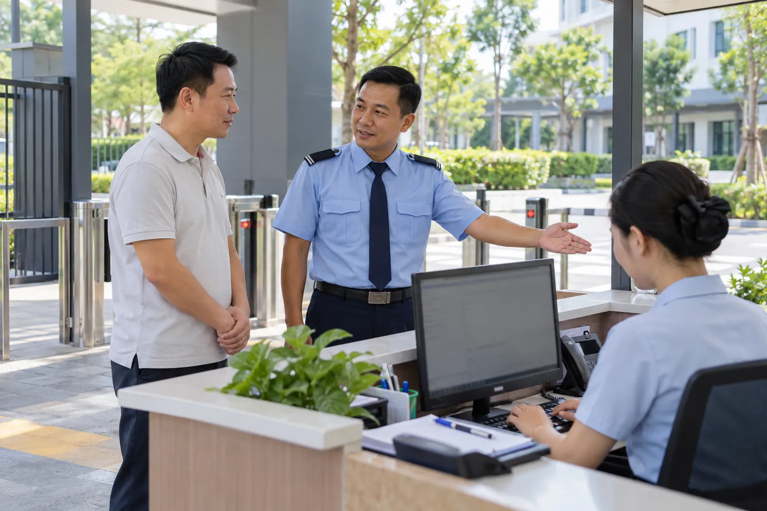 Nhân viên an ninh giải thích quy trình xác minh cho phụ huynh tại khu vực tiếp đón của trường.