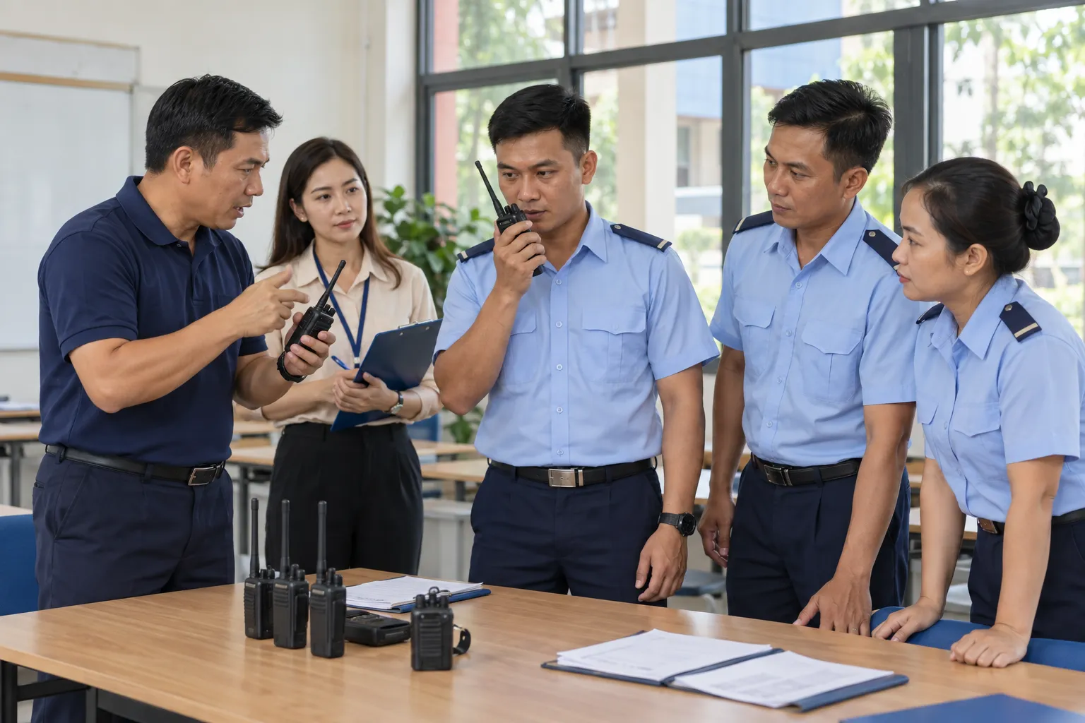 Nhân viên an ninh thực hành liên lạc bằng bộ đàm dưới sự hướng dẫn của người giám sát.