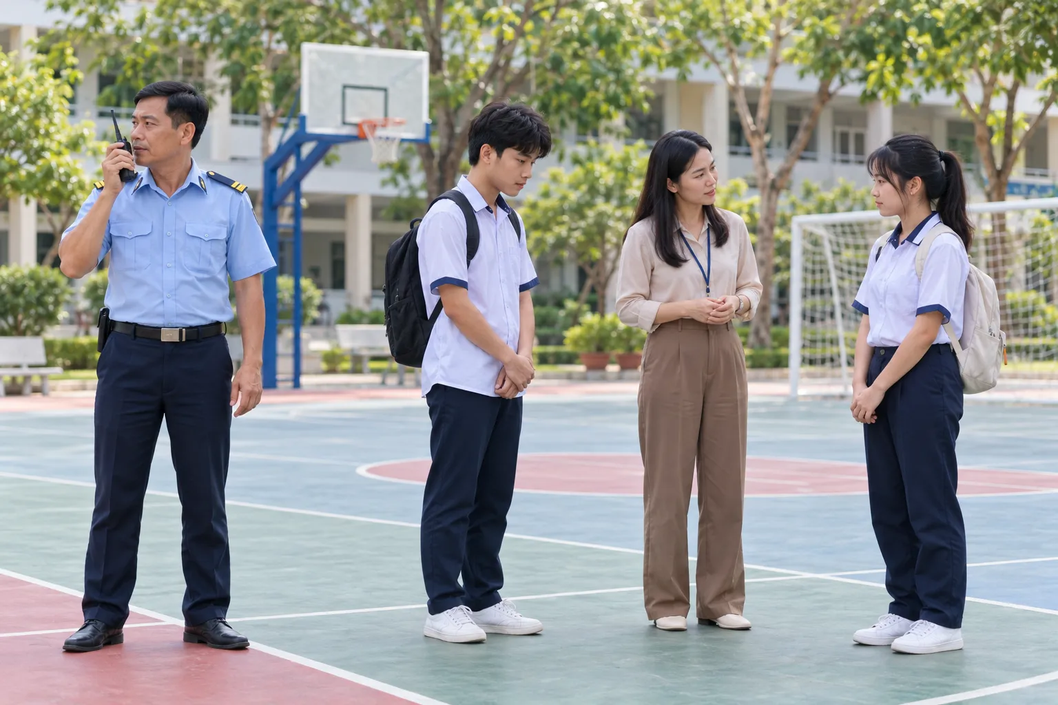 Minh họa giáo viên hỗ trợ học sinh trong khi nhân viên an ninh liên lạc báo cáo tại sân thể thao.